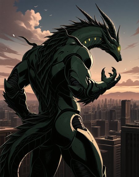 score_9, score_8_up, score_7_up,
8K, In'ei, chiaroscuro, cinematic side lighting, perfect depth of field shot, masterpiece, beautiful, sharp focus, crisp details,
<lora:Draglord_(Guyver)_(Illustrious)_(AD):1> Draglord, Guyver, dragon, 
exterior, science fiction, sky with anime clouds, summer, hot day, city skyline, 
dynamic action, bent leg, cowboy shot, back view, 
green body, green skin, titanic, gigantic, kaiju, glowing eyes, butt, dragon tail, bioboosted armored body, biomechanical, 
BREAK Smooth Quality, IllusP0s, lazyhand, lazympos, lazynsfw,