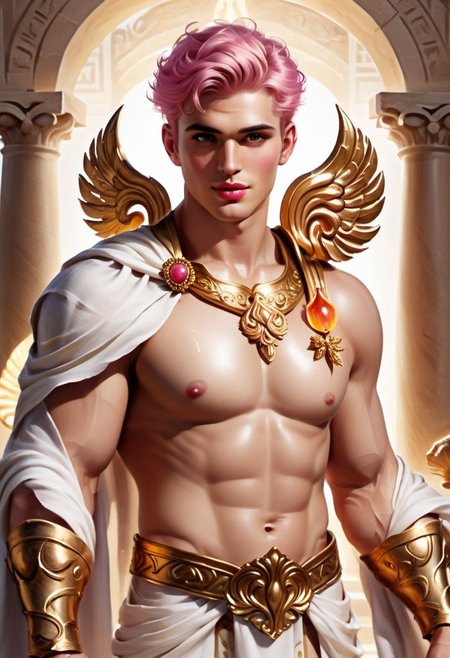 4k, digital art, semi realistic, fantasy, best quality, masterpiece, very detailed, wide camera angle,  dynamic camera angle, dynamic pose, portrait of a muscular male, 20 years old, masculine, friendly, seductive, pale skin, pastel pink hair, short hair, smooth face, round face, gorgeous, happy, plumped lips, puffy lips, big lips, big eyes, videogame eyes, defined eyes, defined eyebrows, pink nipples, greek god, wearing a flowy white tunic with a golden laurel, holding a mirror, standing on a temple with a big seashell, ancient greece, daylight on the background, (cinematic light, volumetric), splash art