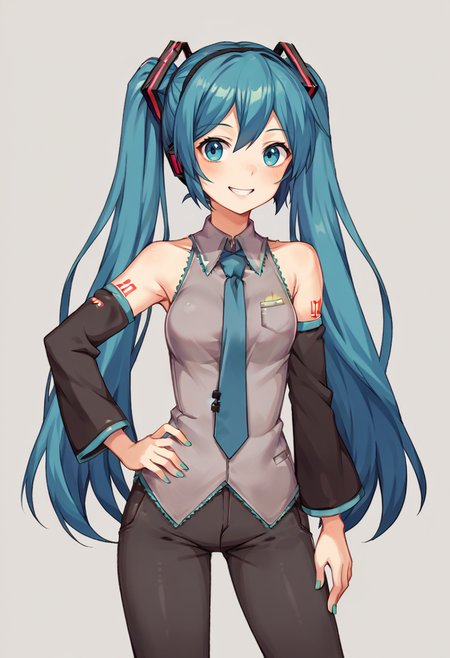 score_9, score_8_up, score_7_up, source_anime, BREAK, solo, 1girl,  <lora:DDLC-pdxl_Fp:0.8>, hatsune miku, standing, smile, simple background, looking at viewer, hand on own hip, detached sleeves,