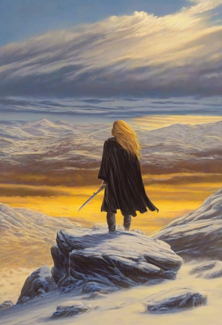 1woman, blonde hair, the grim reaper, facing away, rocky hill, standing, robe blowing in the wind, clouds, sky, sunset, stars, cosmic, in meditation, ultra detailed landscape, bright yellow, energy surrounding surrounding him, volumetric lighting, ultra detailed clothes, ultra detailed body, ultra detailed hair, a city made of blue crystals is on fire in the distance, serenity, holding a sword,
by Natalia Rak and Barclay Shaw in the style of Jessica Rossier,  <lora:EnvyAnimeWatercolorXL02:0.60> ,   Elmore_Style_LX <lora:Elmore_Style_LX-000011:0.60>