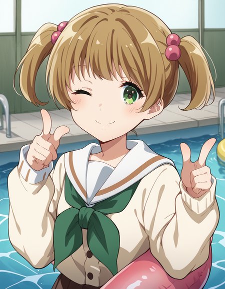 score_9, score_8_up, score_7_up, source_anime, <lora:satsuki-suzuki-s3-ponyxl-lora-nochekaiser:1>, satsuki suzuki, short hair, bangs, brown hair, hair ornament, twintails, green eyes, light brown hair, hair bobbles,, long sleeves, school uniform, serafuku, sailor collar, neckerchief, sleeves past wrists, cardigan, white sailor collar, kitauji high school uniform, green neckerchief, skirt, pleated skirt, brown skirt,, pool, water, lifeguard, swim lane, float, , <lora:double-finger-gun-ponyxl-lora-nochekaiser:1>, double finger gun,, blush, smile, one eye closed, from side, looking at viewer, solo,, dutch angle, cowboy shot