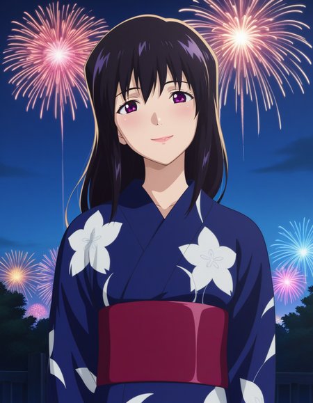 masterpiece, best quality, amazing quality, highres, absurdres, very aesthetic, high resolution, ultra detailed, perfect details,anime coloring, fireworks,night sky,1girl,solo,
<lora:ILL_YehlShizno_lion_e5:0.8> yehlkimo, long hair, purple eyes,lipstick, black hair, long sleeves,  japanese clothes,kimono,bell, profile, obi, yukata,blue kimono,
floral print, print kimono, v sign,three-quarter portrait, smile,looking at viewer, head tilt,front view, facing viewer,