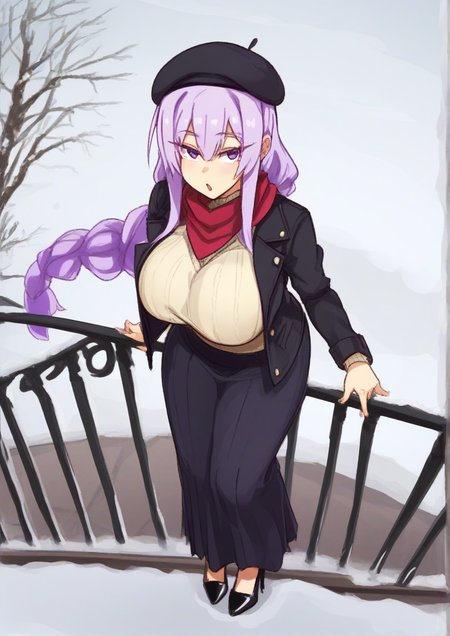 1girl,beige sweater, beret, black headwear, black jacket, black skirt, braid, breasts, casual, enpera, from above, full body, hat, high heels, jacket, large breasts, light purple hair, long hair, long skirt, looking at viewer, looking up, open clothes, open jacket, outdoors, pleated skirt, purple eyes, railing, red scarf, ribbed sweater, scarf, skirt, snow, solo, sweater, very long hair<lora:3000krw:1>