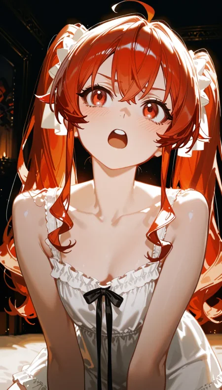(masterpiece, best quality), amazing quality, very aesthetic, absurdres, highres, newest, HDR, 8K, high detail RAW color art, intricate details, high contrast, detailed background, large pupil, eyelashes, 
alp, (dino \(dinoartforame\), ciloranko:1.1025), (kuroduki \(pieat\):0.5052), 1girl, solo, eris greyrat, red eyes, red hair, long hair, twintails, nightgown, frills, bare shoulders, collarbone, pow pose, blush, round teeth, night, dim light, dak depth, low kye, shining in Moonlight, (dim background), black shadow, bedroom, <lora:Aesthetic Quality_noobai_epsilon:1>, <lora:Pony People's Works_noob:1>,