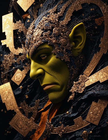 A captivating and vibrant portrait of a an evil Shrek's profile, boldly rendered with overlapping layers of dynamic, geometric patterns inspired by Art Deco.  Intricate, gold-edged vintage stamps, some appearing slightly distressed, are layered over a base of deep blacks.  Abstract brushstrokes of gold and deep ochre create a sense of motion and depth, with the Shrek's face partially obscured by the dynamic design.  His cheek, sculpted with sharp angles, is just visible, emerging from the overlapping patterns.  The strong contrast between the rich blacks and shimmering gold evokes a feeling of ominous and awe.  The textured surface of the stamps suggests the tactile quality of aged paper and ink, subtly echoing the smooth, almost metallic sheen of the gold accents.  The bold colors and intricate patterns create a powerful, modern composition, inviting the viewer to dissect each element and trace the interplay of lines and shapes, while the hidden face conveys a sense of mystery and inner resilience.  The painting's overall energy is palpable, demanding attention and encouraging exploration of its hidden stories and adventures.  <lora:flux.1_lora_flyway_Epic-detail_v2:0.8> <lora:Elden_Ring_-_Yoshitaka_Amano:0.5> <lora:anhei_first_flux_lora_v1:0.7> anhei
