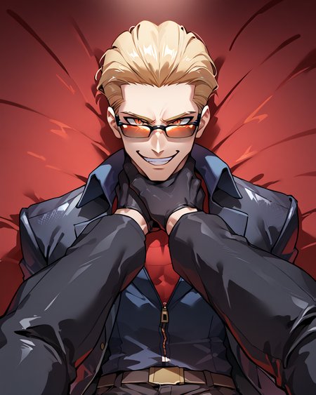 PonyScores7, source_anime, ah1, best quality, (masterpiece:1.4), (high quality:1.4), sharp focus, 4k, absurd resolution, <lora:albertwesker-guy-PONYv1:0.8> albertwesker, albert wesker, 1boy,  blonde, black gloves, (sunglasses:1.3), belt, black coat, black pants, looking at viewer, toned, athletic, fit, slicked back hair, black turtleneck, zipper, mature male, black boots, bad-hands-5, (evil smile), <lora:xl_more_art-full_v1:0.2>, <lora:shinyskin2:0.2> glistening skin, <lora:aesthetic_anime_v1s:0.2>, <lora:Expressive_H:0.2> Expressiveh, <lora:hairdetailpxl:0.2> hairdetailpxl, <lora:detailxl:0.2> detailxl, (focused, intense glare), slit pupils, short hair, (reddish orange eyes), best quality, amazing quality, best aesthetic, absurdres, <lora:expressive eyes:0.2> expressive eyes, <lora:eyedetailpxl:0.2> eyedetailpxl, illustration, Volumetric_Lighting, ultra-detailed, very aesthetic, intricate details, 8k, masterpiece, best_quality, (angular face, sharp_featured face), <lora:Eyes_High_Definition:0.2> EyesHD, <lora:Choking_for_Pony:1> ((choking)), (((2boys, multiple boys))), (((hands pov))), laughing, (((POV))), crazy smile, <lora:middle-finger-ponyxl-lora-nochekaiser:0.8> ((showing middle finger to viewer)),