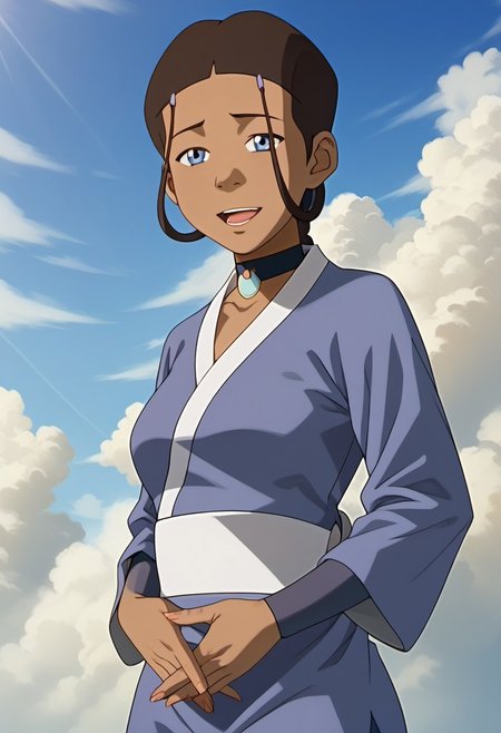 score_9, score_8_up, score_7_up, realistic, realism, HD, perfect quality, 16k, very detailed, realistic lighting, detailed face, BREAK, (((good_hands))), (((perfect eyes, bedroom eyes, (light smile:0.5)))),  BREAK, solo, 1girl, (((Katara-BookWater, blue eyes, short hair, brown hair, hair ornament, dark skin, dark-skinned female))), eye_focus, ((medium breasts, big ass)), (bedroom eyes), looking at viewer, nervous, seductive, sensual, medium body size, slightly small neck, plumb body, voluptuous hips and thighs, curvy body size, microwaist, (feminine body, soft body:1.5), BREAK, dark skin, brown hair, dark-skinned female, cloud, sky, open mouth, choker, grey eyes, japanese clothes, hair ornament