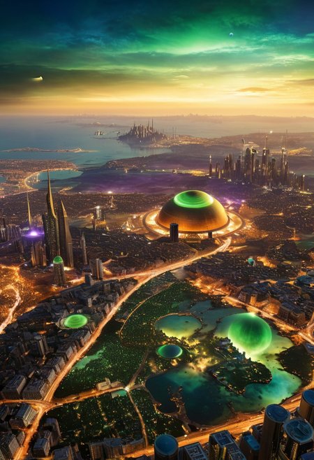 amazing photo taken from the top of a crane on a skyscraper built by an unknown civilization's city on Titan which is Saturn's moon, Saturn is visible in the sky, the alien city is lit with dim lights of browns and greens and blues and purples, unbelievably detailed view of a massive newly-discovered alien city, 
imaginative image, eye-popping depth and clarity, super details, 8k crisp, astonishing vision of what a city on Titan might evolve to look like for the sentient beings that could inhabit such a world in our solar system, 
epic lighting,  
highest quality,