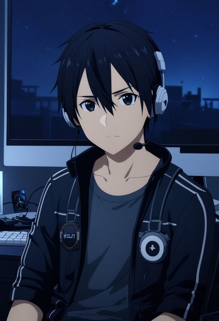 high resolution, professional photography, best quality, 1Boy, Kirigaya Kazuto, Black Hair, Black Eyes, overalldetail, gamer, bedroom, night, pc, sit, headset, potrait
