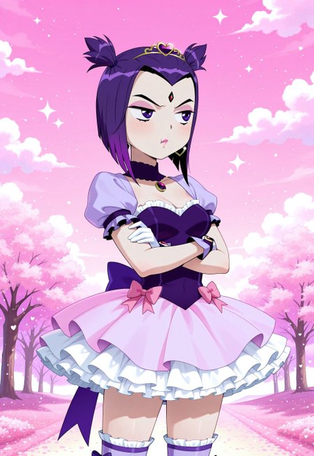 safe_pos, 1girl, Raven, purple eyes, purple hair, short hair, medium breasts, masterpiece, best quality, absurdres, girly twintails, gradient hair, multicolored hair, colored tips,
(pastel theme) magical girl, (pastel purple), bustier, magical girl dress, madoka dress, pastel colors, kawaii, frilled skirt, petticoat, thighhighs, puffy dress, puffy short sleeves, gloves, tiara hairband, gem brooch, bow, ribbons, lace trim, frills, frilled fabric, sparkles, glitter, heart earrings, heart accessories, jewelry, frilled boots,
lipstick, pink lips, long eyelashes, pink eyeshadow, light blush, makeup,  
outdoors, nature, clouds,
solo, cowboy shot, looking to the side, half-closed eyes, pouty lips, pout, :T, crossed arms, annoyed, eye twitch