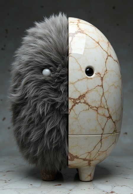 A masterpiece of creative style created by the collaboration of Simon Stålenhag and Masamune Shirow.        The main objects in the image are composed of different materials. The left side of the main object is made of fur, the right side of the main object is made of marble.    HD32K, hyperdetailed, best quality, aidmaMJ6.1.