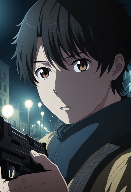 high resolution, solo, best quality, 1Boy, Inaho Kaizuka, Black Hair, Brown Eyes, potrait, midnight, dim street lights, mysterious, threatening, weapon, aiming the weapon to the viewer, OverallDetail