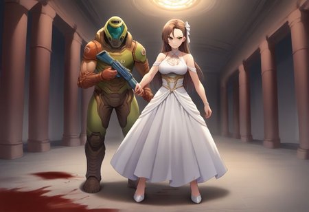 1girl and 1boy holding hands, standing knee deep in the dead, pointing with weapons to side, fighting demons in a bloody palace,
BREAK,
KatarinaClaes, long hair, asymmetrical bangs, hair bow, elegant, long dress, white dress, halterneck, smirk, indoors, jewelry, standing, battle torn clothes, blood stains, holding rifle, scifi gun,
BREAK,
(doomguy:1.3), green armor, blood splattered, chainsaw, soaked in blood,
BREAK, 
indoors, demons, pentagram, bloody floor, score_9, score_8_up, source_anime,  hero view,  action pose, detailed background, fx-monsters-xl-meatsack, arcane ruins