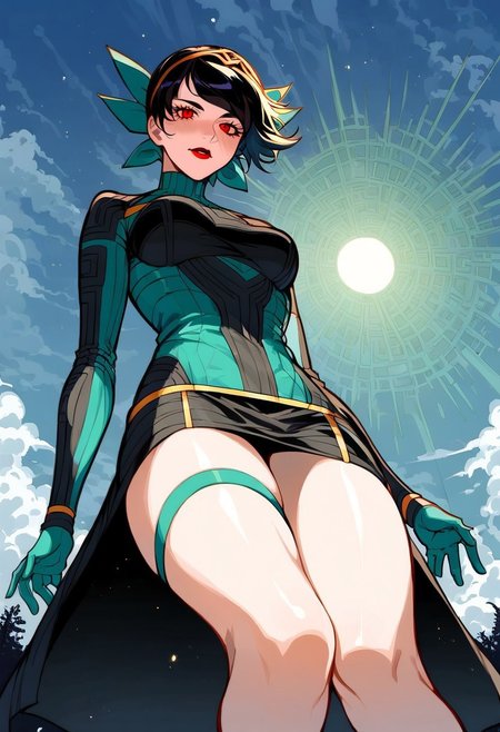 1girl, solo, female focus, full body panagiayokosmtvv, short hair, black hair, swept bangs, headband, red eyes, red lipstick, turtleneck, bodysuit, skirt, green gloves, thigh strap,,,yellow field, dark deep blue sky, evening. dynamic body shot, sky, clouds, blacklight, dappled light,dappled sunlight, low angle view, pov, lower body out of frame,  <lora:sxz-Slavic-Fantasy-pdxl:0.75>, BREAK, score_8_up, score_7_up, Expressiveh, slavic,kanekostyle, lipstick, eye shadow, eyelashes