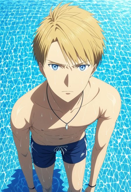 high resolution, solo, best quality, 1Boy, Yamato Ishida, Blond Hair, Blue Eyes, Necklace, pool, swim, shirtless, sixpack, shorts, looking at viewer, OverallDetail