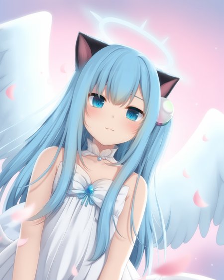 <lora:t-pony-Nya-K:0.85>,Best-A,amashiro_natsuki, NekohaShizuku_\(amashiro_natsuki\),paw_in_eyes,
1girl, solo, animal_ears, blue_hair, long_hair, blue_eyes, cat_ears, looking_at_viewer, very_long_hair, sad, hair_ornament, small_breasts, hair_bobbles, paw_in_eyes, dramatic_effect, falling_petals, falling_feathers, scenic_background, angel_cat_girl, detailed_wings, ethereal_wings, majestic_wings, serene_expression, gentle_smile, detailed_feathers, intricate_wings, full_body_view, close-up_view, dynamic_perspective, flowing_dress, sparkles, dreamy_background, sunlight_through_trees, soft_lighting, glowing_aura, delicate_halo, serene_sky