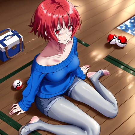 1girl, arezu (pokemon), by kodoto, bag, barefoot, blue shorts, blue sweater, breasts, bucket, bucket of water, collarbone, feet, first aid kit, from above, gradient legwear, grey pantyhose, handbag, injury, looking at viewer, looking up, pantyhose, pantyhose under shorts, poke ball, poke ball (legends), red eyes, red hair, red pantyhose, scratches, shoes, short hair, shorts, sitting, solo, sprain, sweater, tatami, thighs, unworn shoes, water, wooden floor,