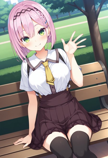 1girl, aaamane, pink hair, short hair, braid, hairband, hair ornament, hairclip, green eyes, fang, breasts, school uniform, yellow necktie, white shirt, short sleeves, suspender skirt, brown skirt, black thighhighs, <lora:tanikaze_amane_ilxl_v1:0.9>, park, bench, sitting, waving, looking at viewer, smile,
masterpiece, best quality, amazing quality,
