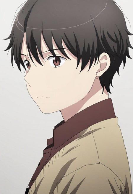 high resolution, solo, best quality, 1Boy, Inaho Kaizuka, Black Hair, Brown Eyes, potrait, dark shirt, looking at viewer, focused gaze forward, simple background, straight body, upper body, head upright, guilt, OverallDetail