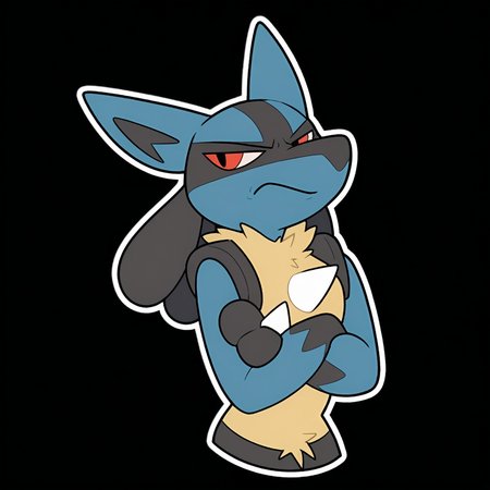 <lora:NowAndLater_Telegram_Sticker_Style_NAI-XL:1> NALTS, sticker, ((black background)), male, solo, anthro, furry, Lucario, arms crossed, white sclera, annoyed expression, best quality, masterpiece