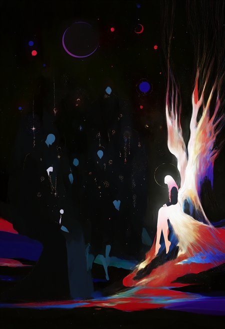 1girl, 2boys, angel wings, barefoot, black jacket, black robe, braid, contrast, crescent, crescent moon, dark, dress, expressionless, faceless, floating, from behind, from side, jewelry, long hair, monster, orb, own hands together, reaching, sitting, size difference, solo, space, star, wide shot  BREAK masterpiece, best quality, newest, night,  high quality, very aesthetic, very awa, wrs4ndtr33s, abstract, colorful,  <lora:WiresAndTrees style:1>