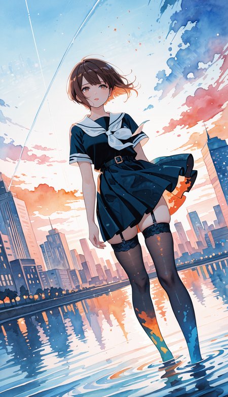 very aesthetic, high resolution, ultra-detailed, absurdres, minimalism,
1woman, (watercolor effect:1.2), stockings, skindentation, garter straps, dynamic angle, water, cityscape, warm colors, brown floating hair, short hair, heartbreaking haircut,