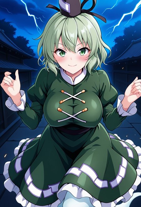 nioti style, night, ((outside)), (Taoist temple), (1girl), (solo), storm, lightning, ((blush)), <lora:Soga-no-Tojiko_Illustrious:1>, ((soga no tojiko)), ((large breasts)), green eyes, green hair, short hair, hat, long sleeves, green dress, ghost tail, ghost legs, looking at viewer, sparks, flying, confident, light smile, light particles