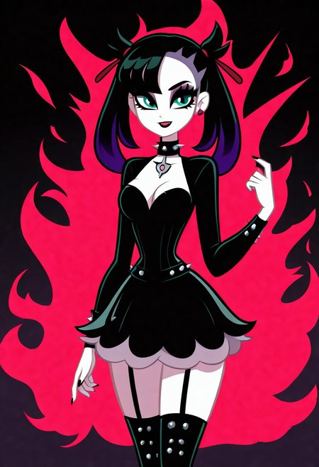 (masterpiece, best quality, good quality, very aesthetic, absurdres, newest:1.2),    medium breasts, (curvy),   BREAK, zzMarnie, aqua eyes, black hair, black choker, <lora:MarniePokemon_NAI_v2:1.0>,, two-tone hair, purple hair, makeup, eyeshadow, black lips, dress, black boots, knee boots, spikes, spiked collar, gothic,smile, looking at viewer, cowboy shot,  <lora:VampieNAI:1.0>,