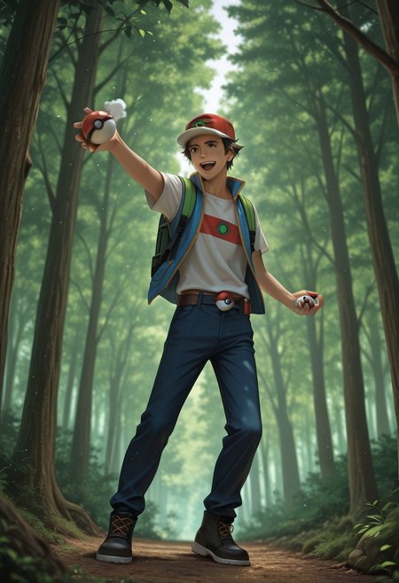 ashpkj, 1man, cap, realistic, pokeball in air,  throwing a pokeball, detailed face, happy, dynamic angle, in forest, aesthetic photo, dramatic lighting, realistic photo