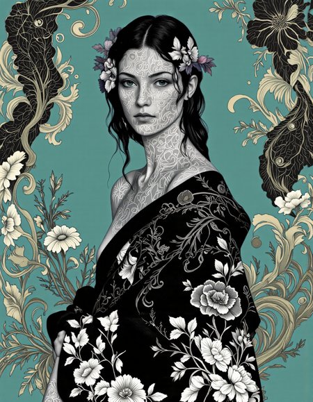 Art by Caroline Smith. A digital illustration shoot from a portrait camera angle about a portrait of a woman with intricate floral patterns on her face and body, set against a teal background with swirling floral elements. in the middle of the image, a woman appears to be in her mid-twenties, with a slim body and a serious expression. she is facing the viewer, with her eyes looking directly at the viewer. her hair is styled in long, wavy black hair with floral patterns, and she is wearing a black shawl draped over her shoulders. her body is covered in intricate white tattoos, including floral motifs and floral patterns. the woman is standing in the center of the frame, with the green background and floral elements surrounding her.