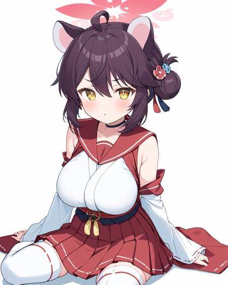 kaede \(blue archive\),1girl, detached_sleeves, halo, solo, ahoge, large_breasts, red_sailor_collar, white_background, simple_background, white_thighhighs, sitting, single_side_bun, blush, red_skirt, skin_fang, looking_at_viewer, red_hakama, nontraditional_miko, ribbon-trimmed_sleeves, open_mouth, hakama_short_skirt, pleated_skirt, obi
<lora:kaede_(blue_archive)_image428_2023-11-28:1>halo. gorgeous,key visual, vibrant, studio anime,award-winning, professional, highly detailed,high budget, cinemascope