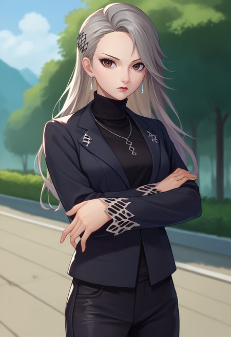 score_9, score_8_up, score_7_up, source_anime, solo, 1girl, saeniijima, makeup, lipstick, expressionless, looking at viewer, standing, contrapposto, crossed arms, hair ornament, brown eyes, black jacket, long sleeves, black sweater, turtleneck sweater, black pants, earrings, necklace, outdoors <lora:persona5_saeniijima_ponyXL:1>