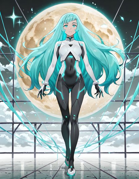 ((Masterpiece, Ultra Detail, Best Quality, Fullbody View, Solo)) 
Digital World Background 
<lora:Mist_Pantheon:1> M1st, 1girl, aqua eyes, aqua hair, long hair, bangs
