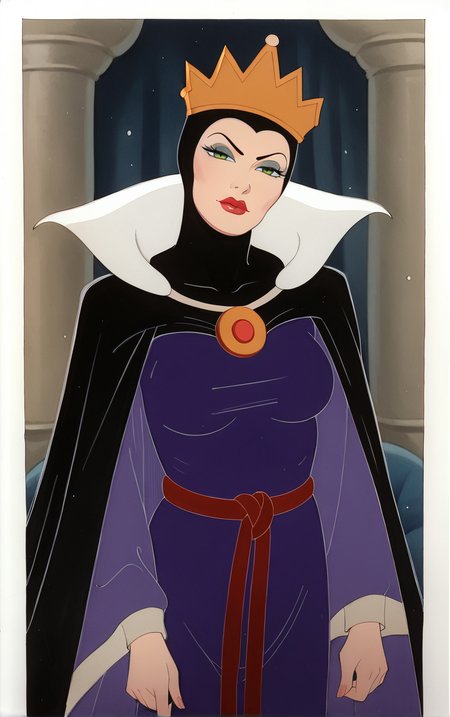 score_9, score_8_up, score_7_up, looking at viewer,  BREAK
Dress_QueenGrimhilde_ownwaifu,
1girl, crown,  makeup, lipstick, red lips,  green eyes,  eyeshadow, breasts,
red rope, rope belt, cape, dress, long sleeves, brooch, gem, robe, wide sleeves, purple dress, purple cape,  jewelry, high collar, silk,
(portrait, head tilt, looking at viewer), white border, bokeh, <lora:PONYXL_SnowWhite_QueenGrimhilde_ownwaifu:0.7>, solo,