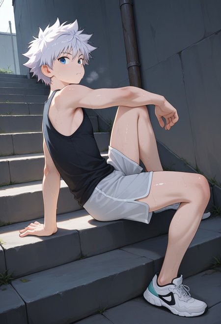 masterpiece, extremely detailed, best quality, amazing quality, very aesthetic, high resolution, ultra-detailed, absurdres, highres, newest, scenery, volumetric lighting, beitemian, 1boy, solo, male focus, BREAK killua_zoldyck, white hair, blue eyes, hunter x hunter, tank top, shorts, side slit, sitting, knee up, steps, outdoors, full body, sneakers, sweat, shiny skin, toned male, from side, looking at viewer, aged up,