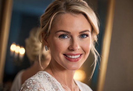 A hyper-detailed, high-resolution (8K) close-up portrait of a 40-year-old woman with sleek blonde hair tied back in a soft bun, wearing a light, airy white blouse. Her striking blue eyes gleam with happiness, framed by delicate laugh lines that enhance her natural charm. The background is intentionally blurred, suggesting an opulent hotel lounge—crystal chandeliers, velvet drapes, and the soft glow of candlelight reflecting in gilded mirrors. Shot with a Hasselblad H6D-100c medium-format camera, using a tight crop and a shallow depth of field (f/2.8) to capture the luminous quality of her skin against the rich, moody backdrop. The lighting is sumptuous and directional, evoking the elegance of classic Hollywood portraiture."