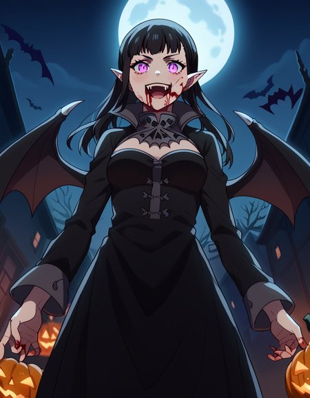 score_9, score_8_up, score_7_up, source_anime, <lora:maki-oze-s1s2-ponyxl-lora-nochekaiser:1>, maki oze, long hair, bangs, black hair, purple eyes, ponytail, medium breasts,, <lora:vampire-ponyxl-lora-nochekaiser:1>, vampire, red eyes, pointy ears, fangs, black dress, wings, blood, blood on face, blood on mouth, bat (animal), halloween, halloween costume, upper teeth only, night, moon, blush, smile, open mouth, , dutch angle, cowboy shot