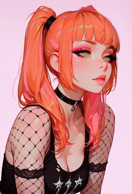 Artist : Tsuaii, Artist : Incase, flat colors, high detailed, high quality, masterpiece, best quality, very awa, absurdres, detailed eyes, detailed face, detailed skin, simple background, 1girl, medium breasts,bright green eyes, ginger hair, high twintails, blunt bangs, two-tone hair, gothic, long hair, glossy bright pink  lips, long eyelashes, eyeshadow, freckles, fishnet sleeves, black oversized tank top, black choker, fingerless gloves, torn short short