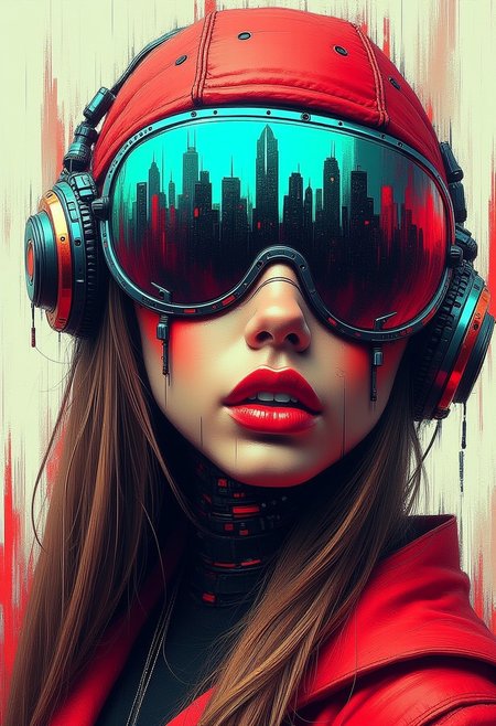 masterpiece, ((inkpunk cell-shaded style)), realistic painting, portrait of a beautiful cyberpunk girl,  long straight hair, red lips, cyberpunk headgear with goggles reflecting cityscape, mad-cybrpnkimprss
