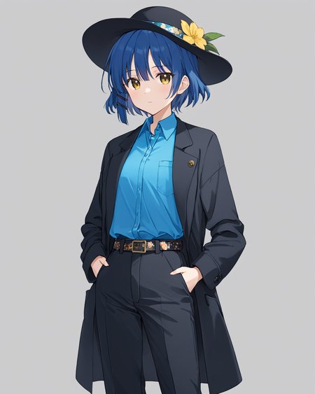breathtaking,yamada_ryo,1girl, solo, hat, black_pants, black_headwear, looking_at_viewer, flower, simple_background, collared_shirt, closed_mouth, hairclip, grey_background, long_sleeves, black_coat, floral_print, hands_in_pockets, open_coat, blue_shirt, hand_in_pocket, belt, expressionless
<lora:yamada_ryo_image1086_2023-11-22:1>.   . gorgeous,key visual, vibrant, studio anime,award-winning, professional, highly detailed,high budget, cinemascope