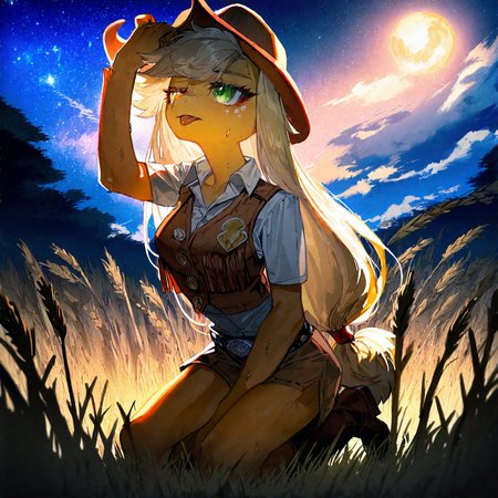 applejack , 1girl, blonde_hair , cloud ,colored_skin, furry, furry_female, long_hair,orange_skin ,outdoors, personification , solo, , wheat_field,Straw ,dot_nose, freckles, green_eyes , medium breast,night, moon,  deep night, galaxy,
adjusting_clothes ,adjusting_headwear, cowboy_hat, cowgirl_(western) , hat ,sweat, belt, boots, buttons,knee_boots ,kneeling, licking ,suggestive_fluid,
rella, rolua,  quasarcake:0.8, negative space,  very awa,
masterpiece, best quality, Good quality, very aesthetic, absurdres, newest, (Perfect details),
<lora:ponyv5_noobV065S_1_adamW:0.8>, <lora:illustrious_noobai_epsilon_pred_1_best_quality_v1:0.7> ,<lora:illustrious_noobai_epsilon_pred_11_very_aesthetic_v1:0.7> ,<lora:illustrious_noobai_epsilon_pred_1_masterpieces_v1:0.7> , <lora:Straw_thread:1>