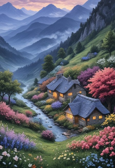 A quiet, flower-filled valley at dusk, streams flowing softly, small cottages scattered, with mist settling around the vibrant, magical landscape.