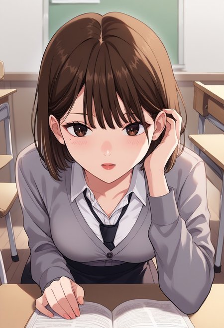 Masterpiece, Highest Quality, Score_9, Score_8_up, Score_7_up, source_anime. anime style. masterpiece, highres, absurdres. Best resolution.
1 girl. Minchae Lee. brown hair. brown eyes. short hair. medium hair. bangs. medium breasts. mole under eye.
1 girl. solo. class room. 
sitting posture. table. chair. book
view from the front
school uniform. white shirt. black tie. gray cardigan. black skirt. miniskirt. skirt without wrinkles.
tucking hair. hand