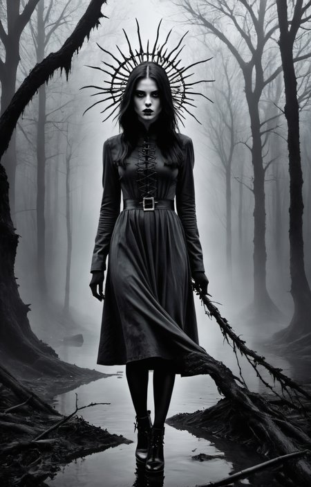 Horror-themed create an award-winning photograph of a young woman exploring an original and unconventional theme that captivates and amazes the viewer.  Push boundaries of traditional concepts,infusing the image with creativity and wonder,leaving a lasting impression on those who behold it.,absurdres,intricately detailed,32K, . Eerie, unsettling, dark, spooky, suspenseful, grim, highly detailed