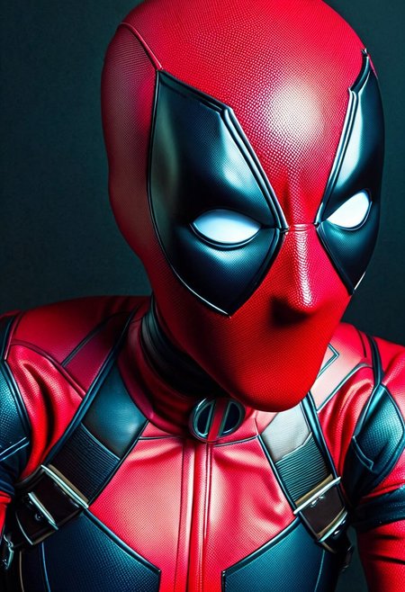 A hyper-realistic depiction of a single woman, focusing on her upper body, dressed in a meticulously detailed Deadpool costume, complete with vibrant red and black hues, accentuated by subtle, dramatic lighting that highlights the texture and folds of the suit, set against a muted, dark background to emphasize the subject's striking appearance, captured from a slightly overhead angle to convey a sense of power and confidence.