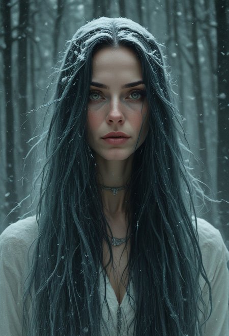 A woman with long, straight jade hair and piercing obsidian eyes, her expression cold and distant. She stands in the middle of a snow-covered forest, the white landscape adding to her ethereal, almost otherworldly presence. <lora:usual-portrait-v2:1.2>