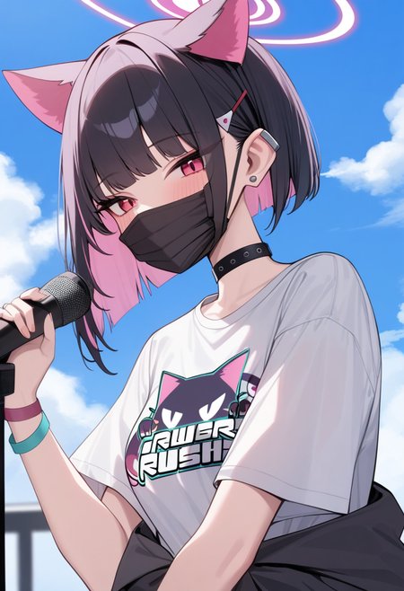 masterpiece,best quality,very aesthetic,absurdres,<lora:/root/data/new/333/role/kazusa_(band)_(blue_archive):1>,light_smile,earclip,official_alternate_costume,kazusa_\(blue_archive\),cat_print,white_shirt,mask_pull,stud_earrings,kazusa_\(band\)_\(blue_archive\),cloud,solo,commentary,short_sleeves,upper_body,blush,1girl,highres,black_mask,mouth_mask,looking_at_viewer,blue_sky,wristband,