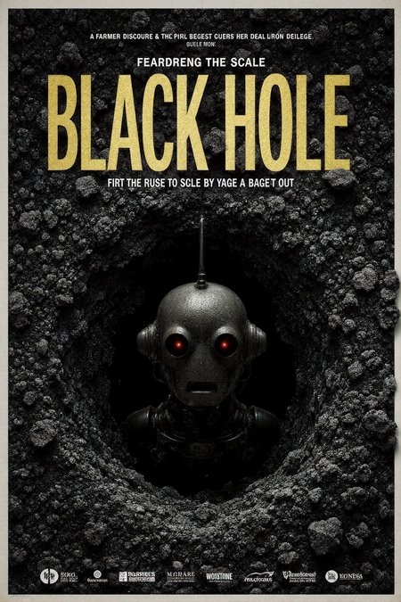 grandeur of scale,(super huge font:1.5),(a visually striking title:1.5),(((center text placement:âblack holeâ))),(Overhead view:0.8),<lora:flux-lora-baowei:0.9>,science fiction movie poster,a thought-provoking poster,a farmer discovers a horrible black pit in his field,the pit is bottomless,inside the black pit is a giant droid monster ready to climb out,biomechanical bronze,internal integrated circuit,it has a deep sense of fear,at the bottom of the picture are the logos of several film companies,(dark:0.5),<lora:Improved_Droid_Style:1>,0r0105,the head of the giant droid monster is even bigger than the hole,his eyes glowed black,droid monster  was so angry that he wanted to rush out of the hole like a wild animal,droid monster  struggled to reach out his hand first,super close-up of droid monster head,big character,scary style fonts,