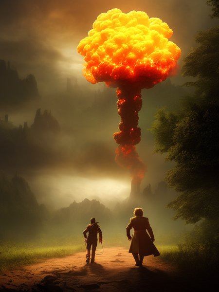 Albert Einstein  and his pet hypernuke on a leash that he holds, illustrated in FWATCH STYLE, colour grading, (Albert Einstein with curly hypernuke hair), SD2VrayRender, PhotoHelper, SD2CINEMA768-DIGITAL. SD2PaintedLandscape