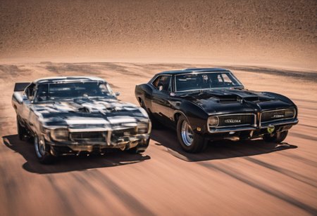 Creates an ultra detailed and realistic image taken by a drone, wide angle, of a race between 2 custom cars, created with parts from many muscle cars, with aerodynamic lines from 1972. The cars have tinted black windows. It is captured in motion with motion blur at full speed through a desert, daylight. Race between 2 cars. The photograph is captured with an Arri Alexa camera, with a zoom lens.
. <lora:Vintage Muscle Car SDXL:1>